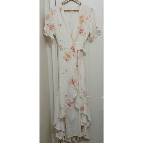Privacy please womens small midi wrap cream pink floral viscose silk dress - Picture 1 of 8